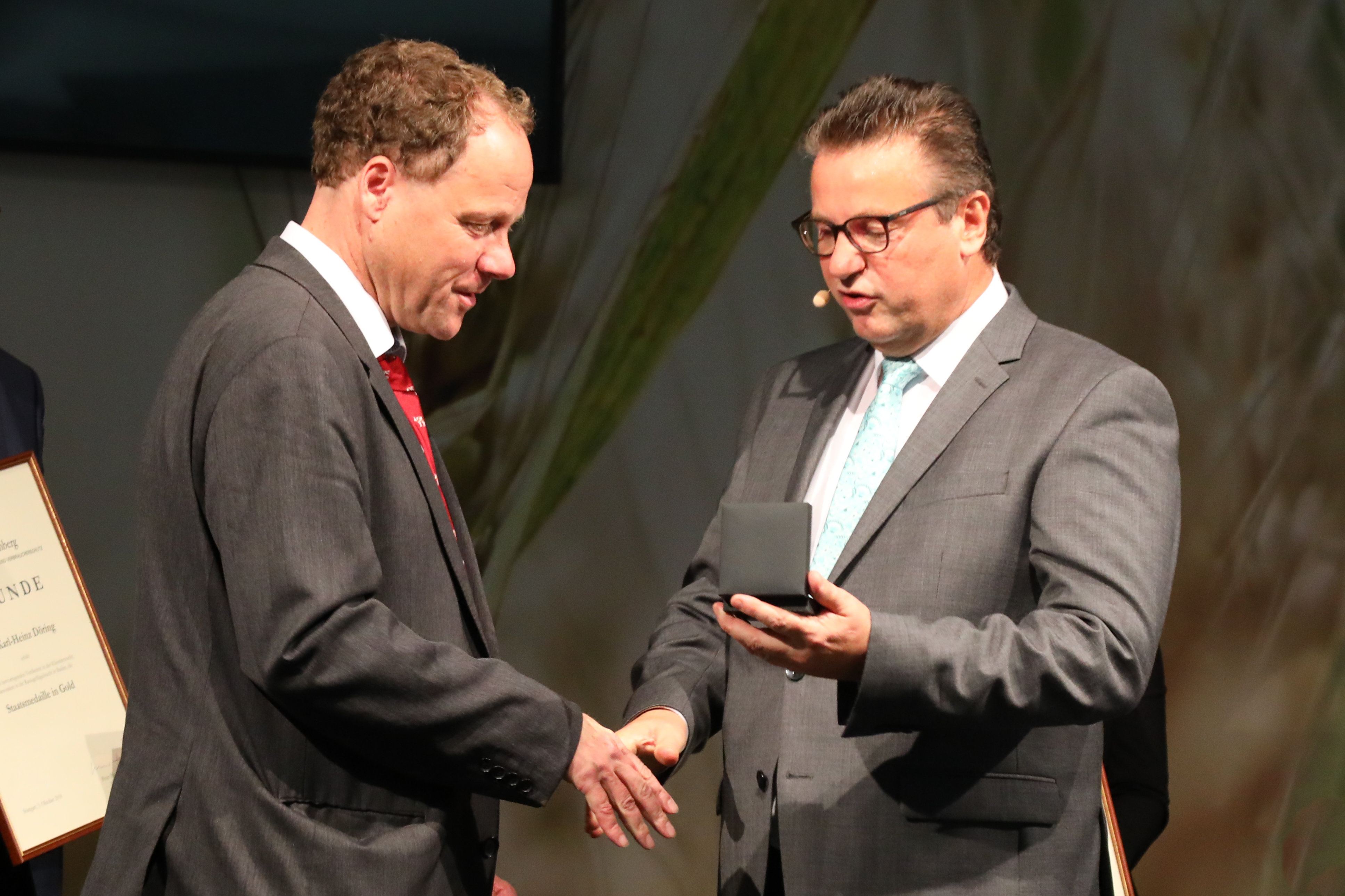 Peter Hauk überreicht die Auszeichnung an Stefan Dürr. Foto: MLR